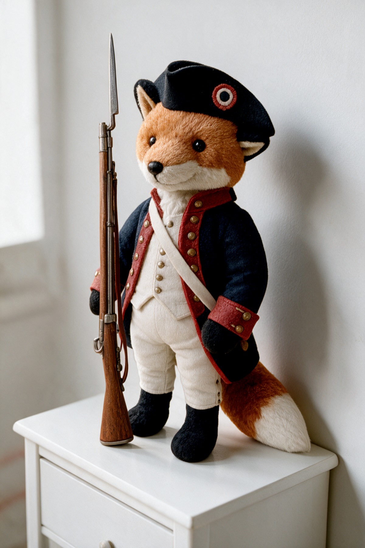 A handmade stuffed fox in a Continental Army uniform holding a musket with fixed bayonet.